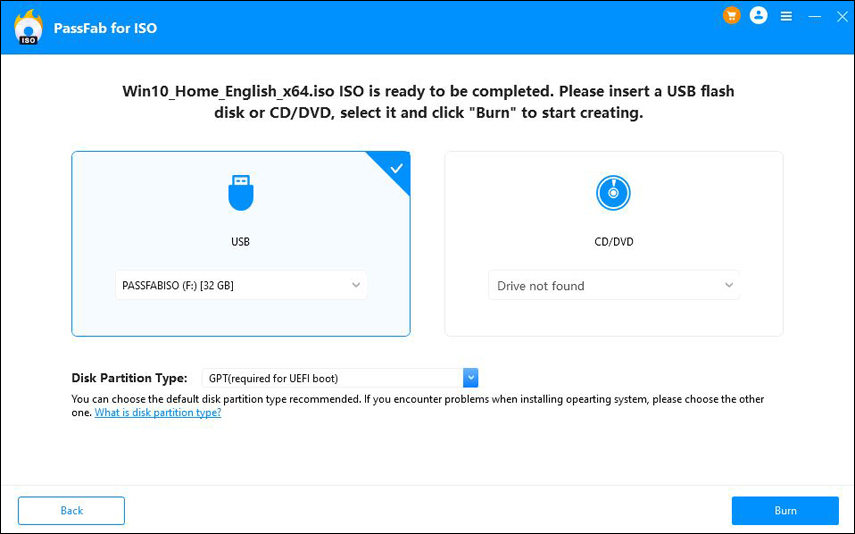 selecteer usb en schijfpartitietype om een opstartbare schijf te maken